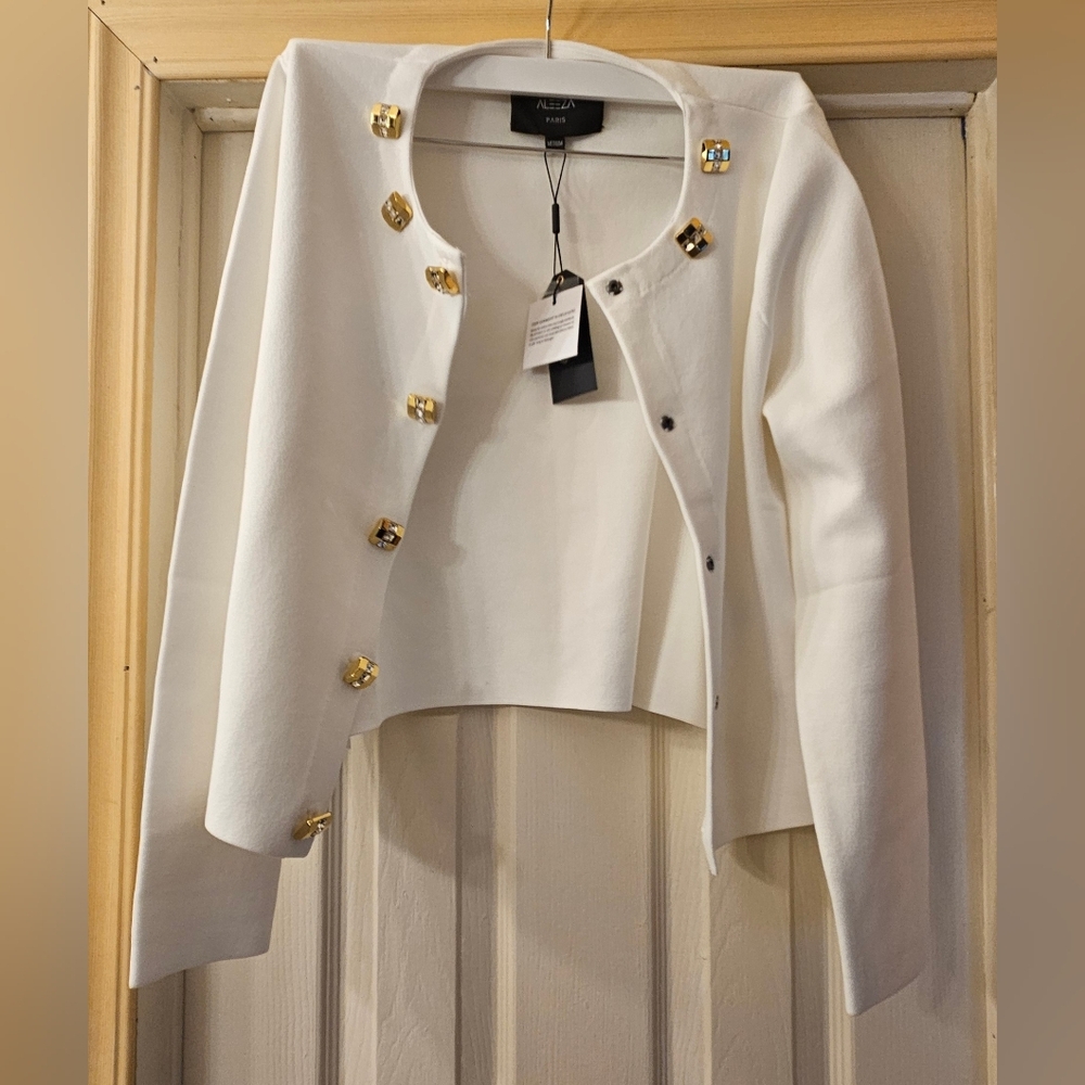 Aleeza Paris White Cardigan with Gold Accent Buttons